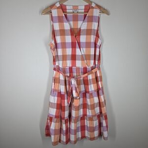 J. Crew Factory Faux Wrap Sleeveless Dress Gingham Poplin Cotton Plaid 14 Preppy